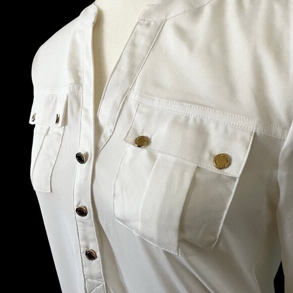 Calvin Klein Textured Roll Tab Button Down Soft White Blouse Women's Size XS New - Picture 3 of 6